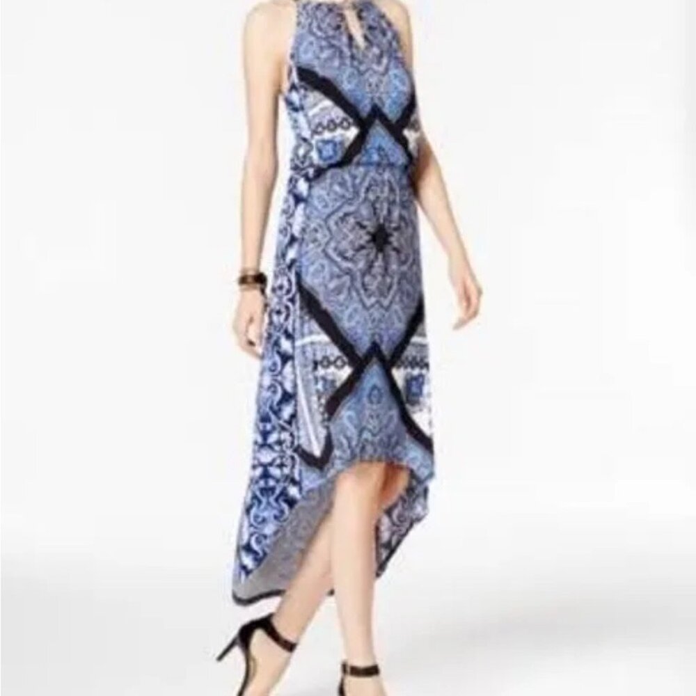 INC International Concepts Dress M Halter Maxi High Low Hem Blue Black White